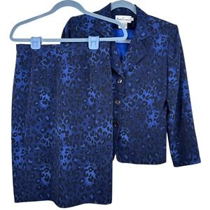 Ann Clancy Women's Blue Black Leopard Print Blazer Skirt Suit Set Size 9